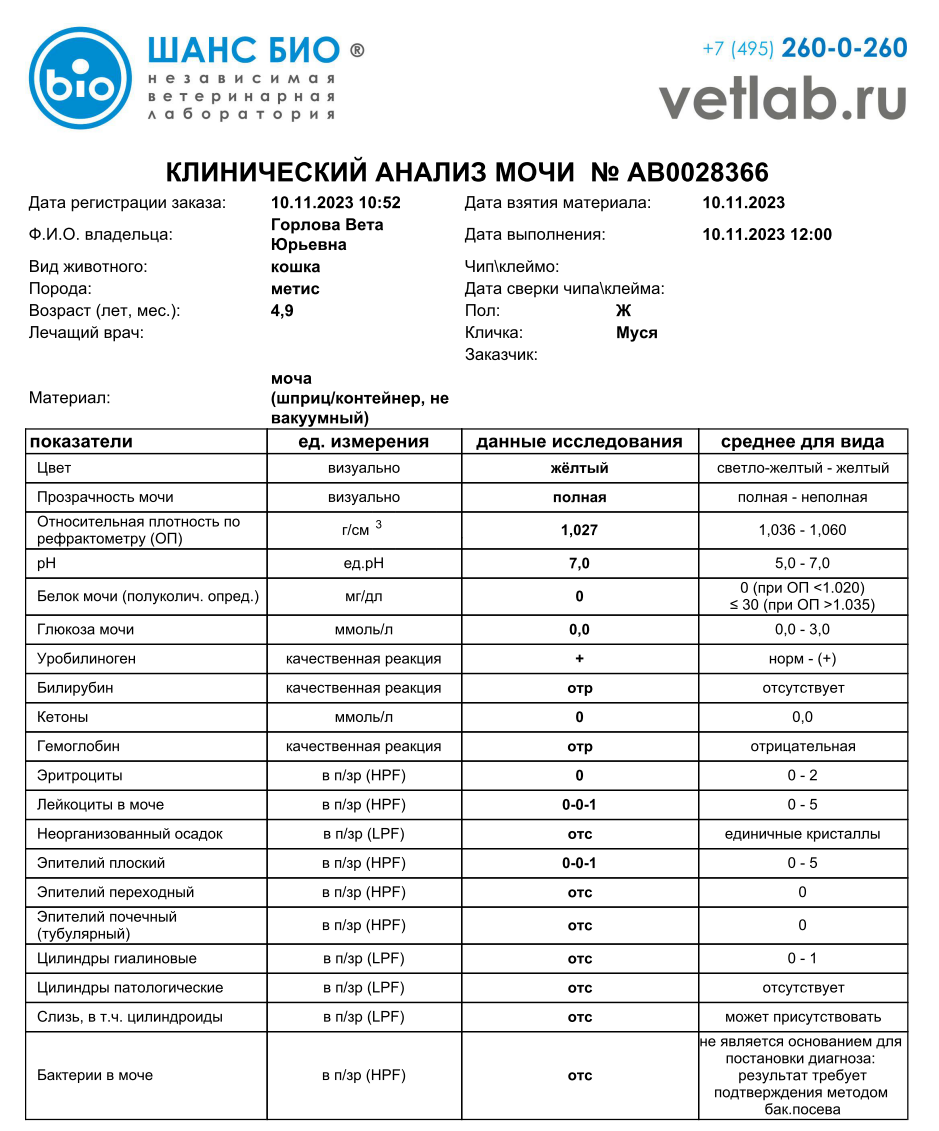 Анализ мочи общий клинический всех видов животных в беларуси
